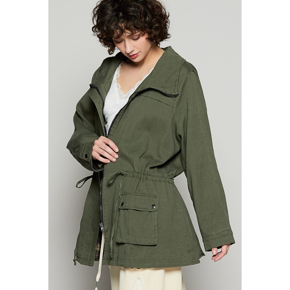 POL Army Green Lightweight Tie Waist Zip Up Cotton Twill Jacket